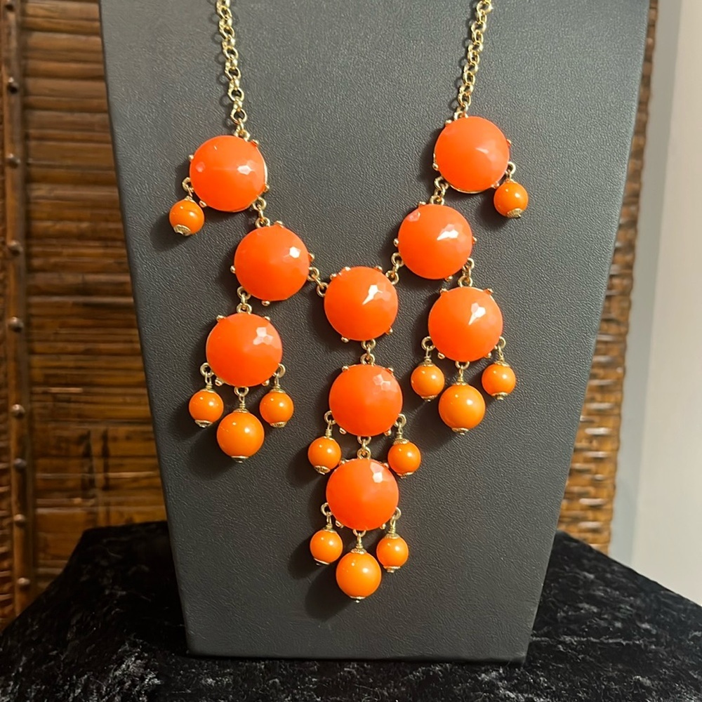 J. Crew Signed Bold Orange Bubble Chandelier Statement Necklace Gold Tone